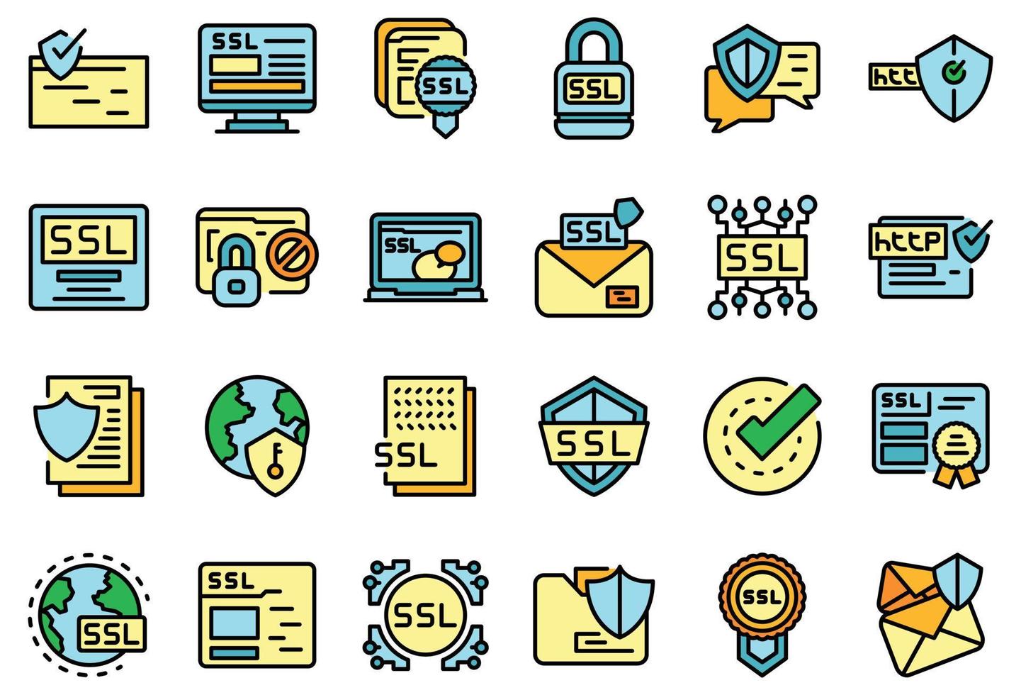 conjunto de ícones de certificado SSL plano de vetor