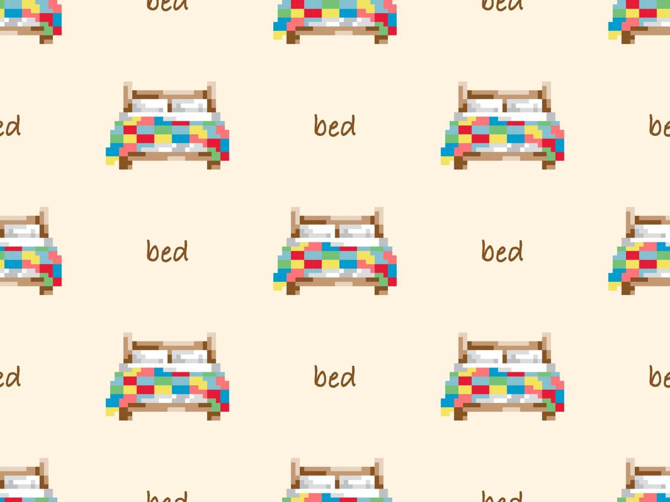 sem costura padrão de personagem de desenho animado de cama em fundo amarelo. estilo de pixel vetor