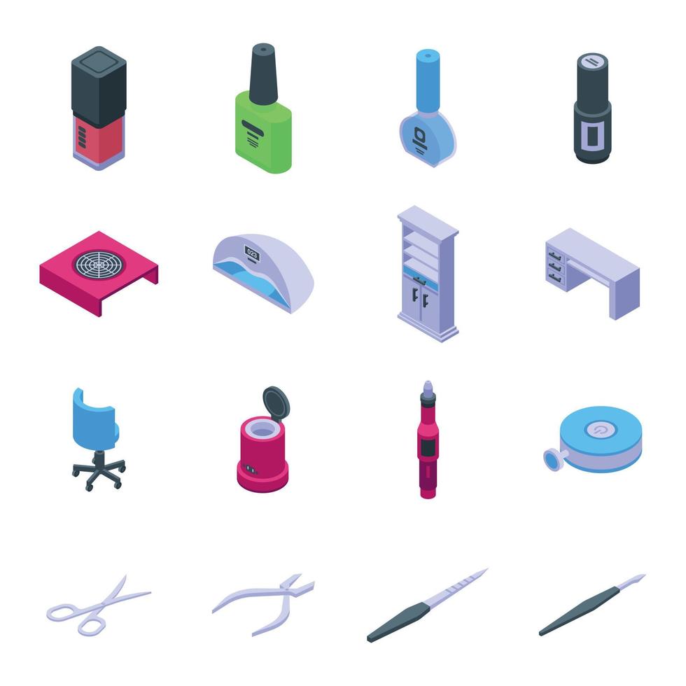 equipamento para conjunto de ícones de manicure, estilo isométrico vetor