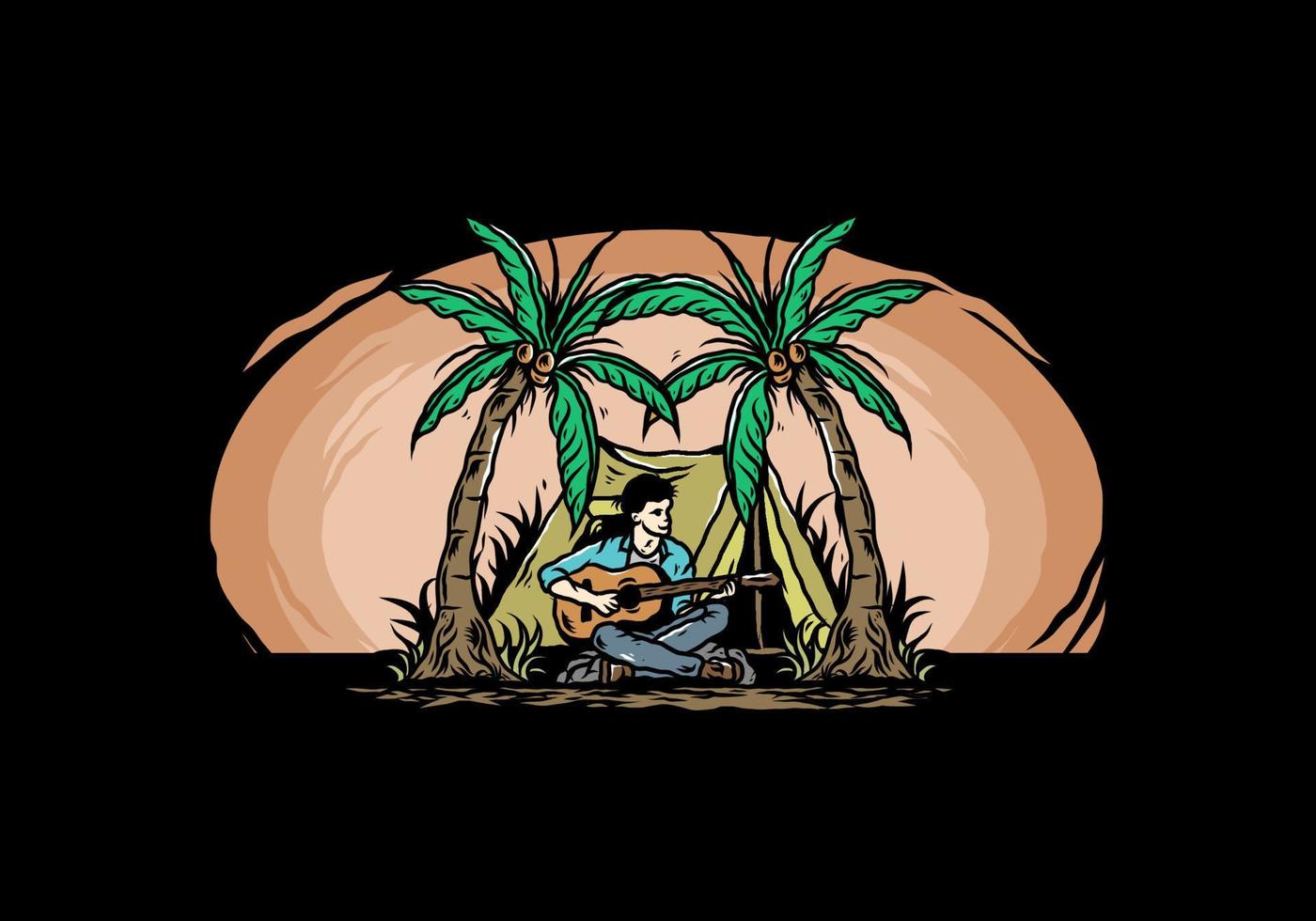 homem com guitarra na frente da barraca entre ilustração de coqueiro vetor