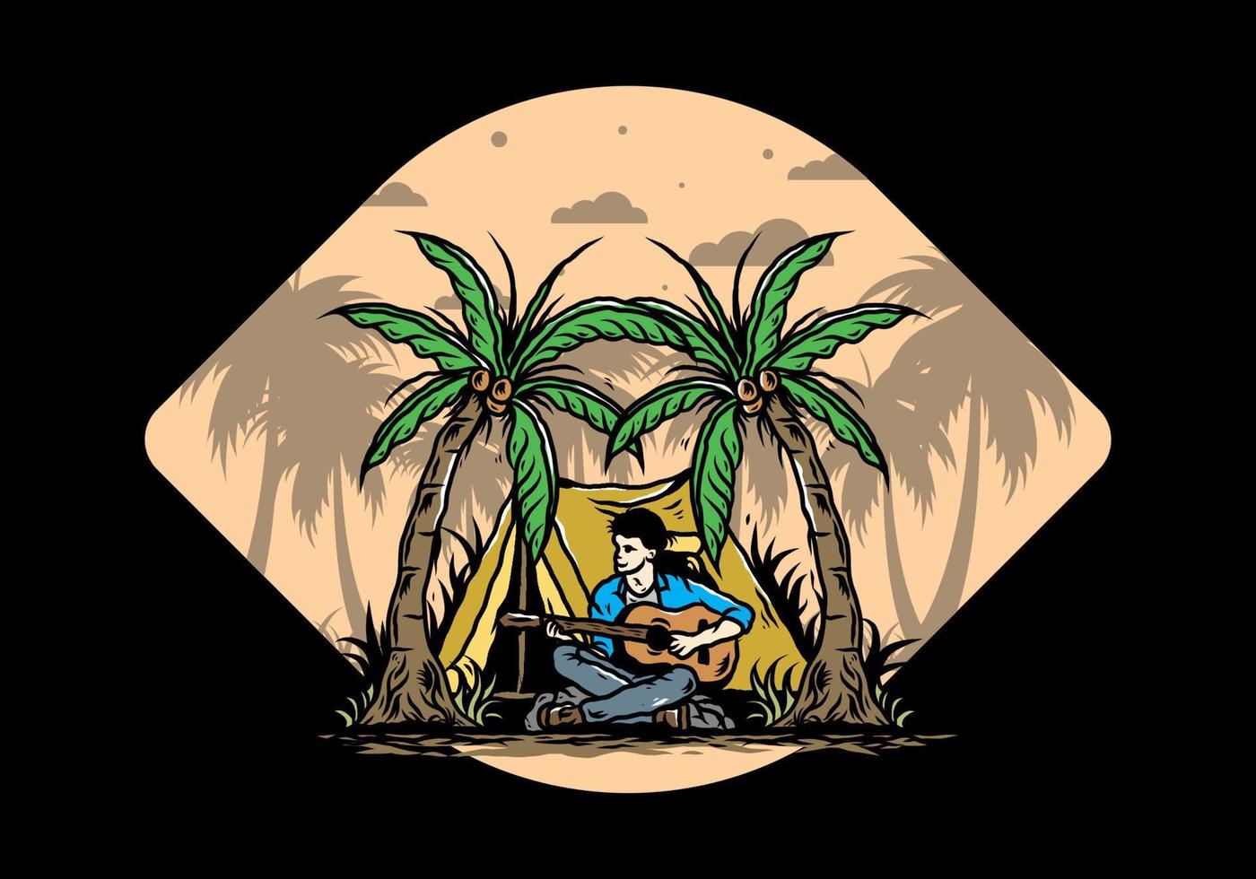 homem com guitarra na frente da barraca entre ilustração de coqueiro vetor