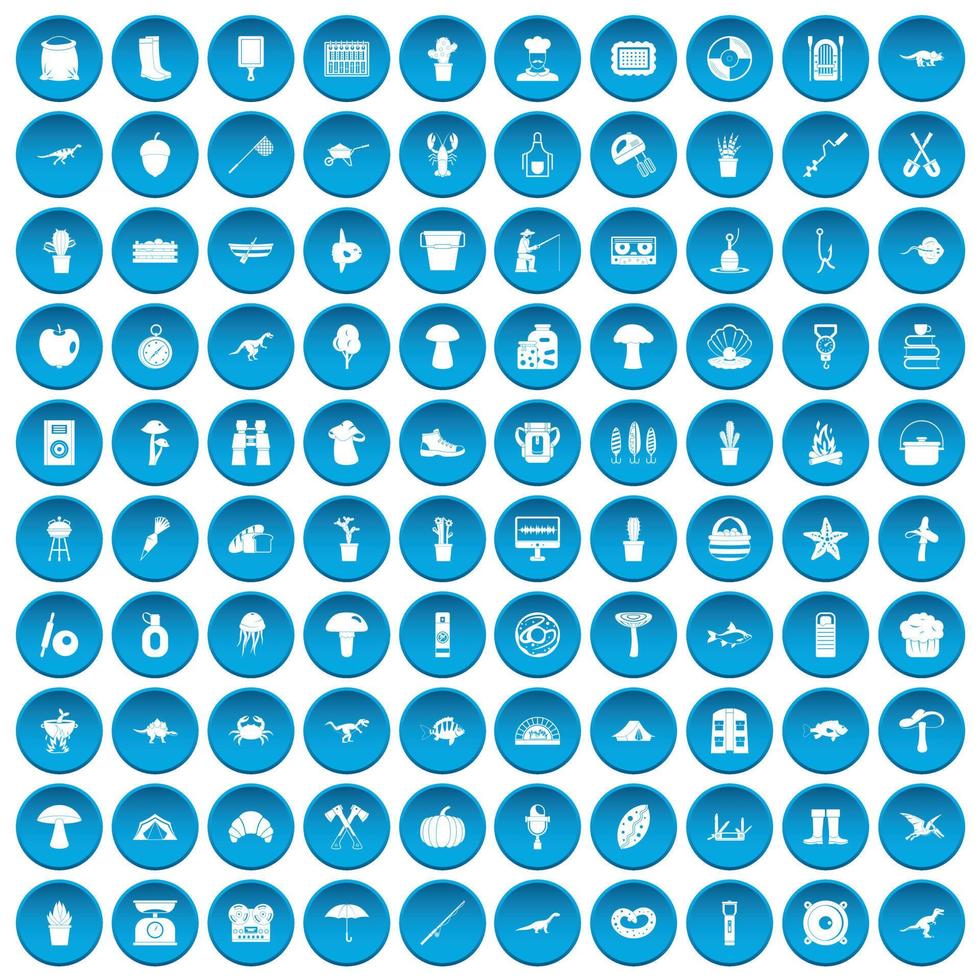 100 ícones de hobby conjunto azul vetor