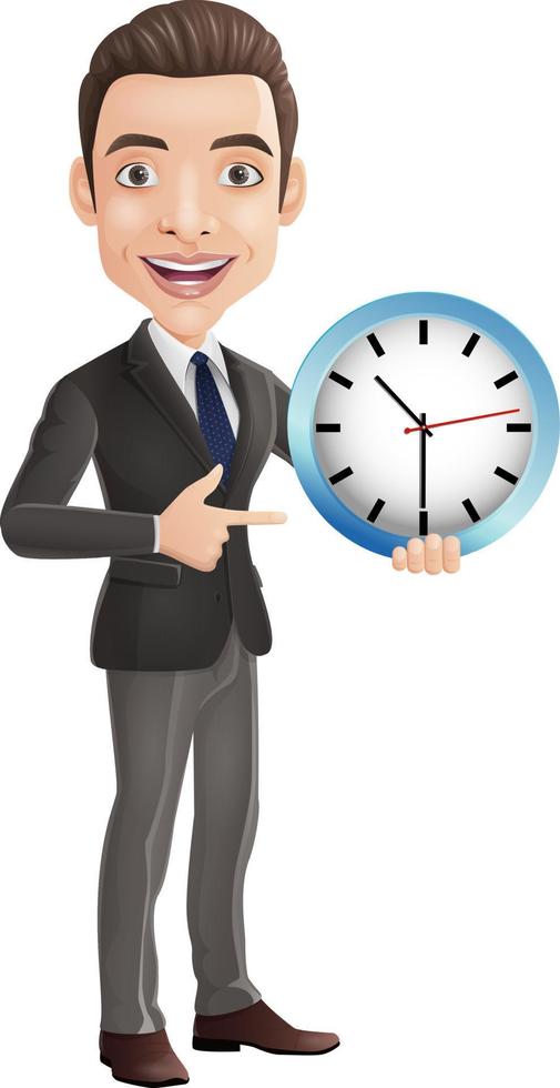 desenho animado feliz jovem empresário segurando e apontando um relógio de parede vetor