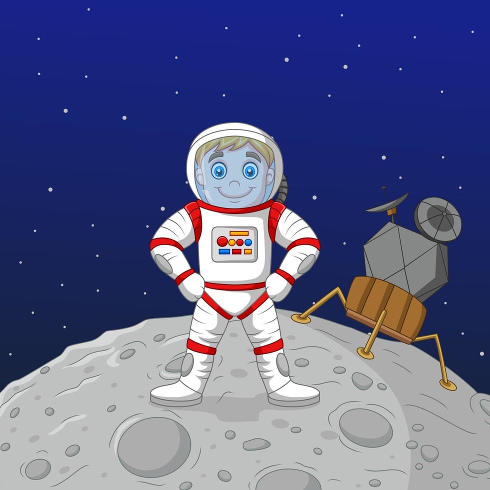 astronauta de menino dos desenhos animados em pé na lua vetor