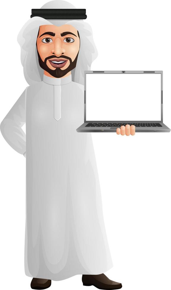 empresário árabe segurando um laptop vetor