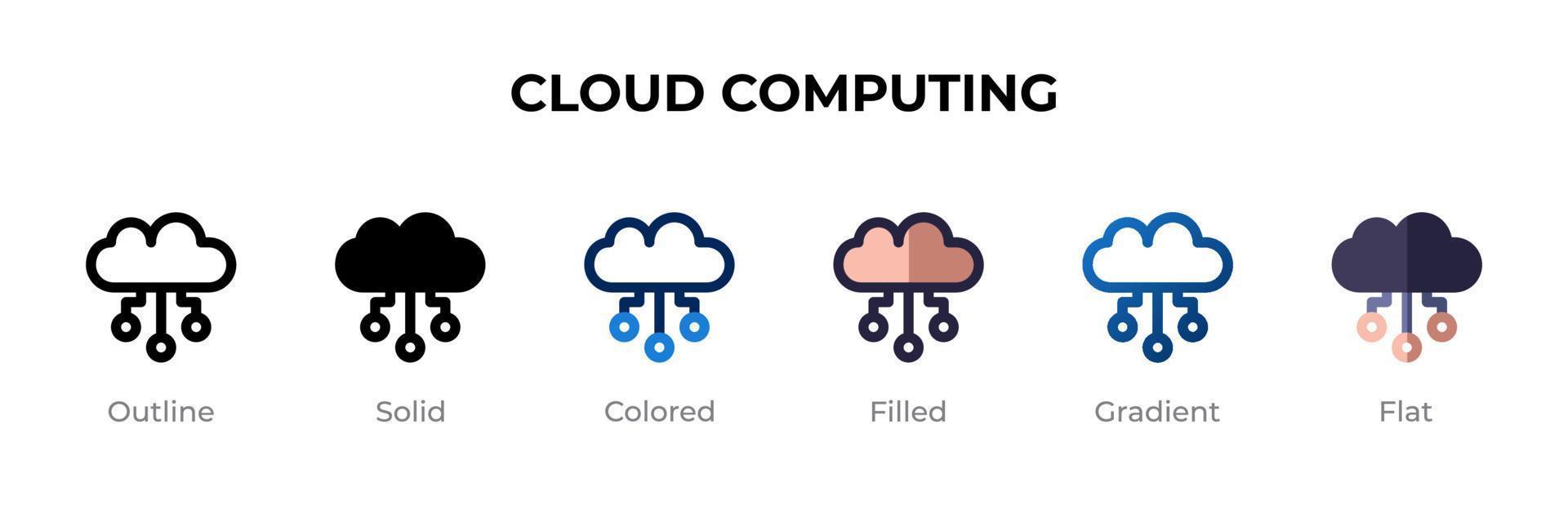 ícone de computação em nuvem em estilo diferente. ícones vetoriais de computação em nuvem projetados em estilo de contorno, sólido, colorido, preenchido, gradiente e plano. símbolo, ilustração do logotipo. ilustração vetorial vetor