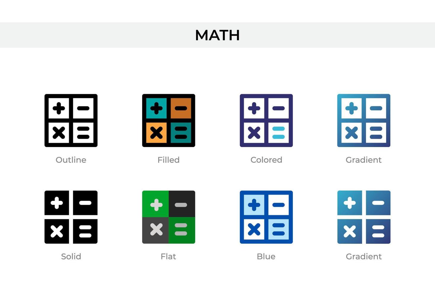 ícone de matemática em estilo diferente. ícones vetoriais de matemática projetados em estilo de contorno, sólido, colorido, preenchido, gradiente e plano. símbolo, ilustração do logotipo. ilustração vetorial vetor