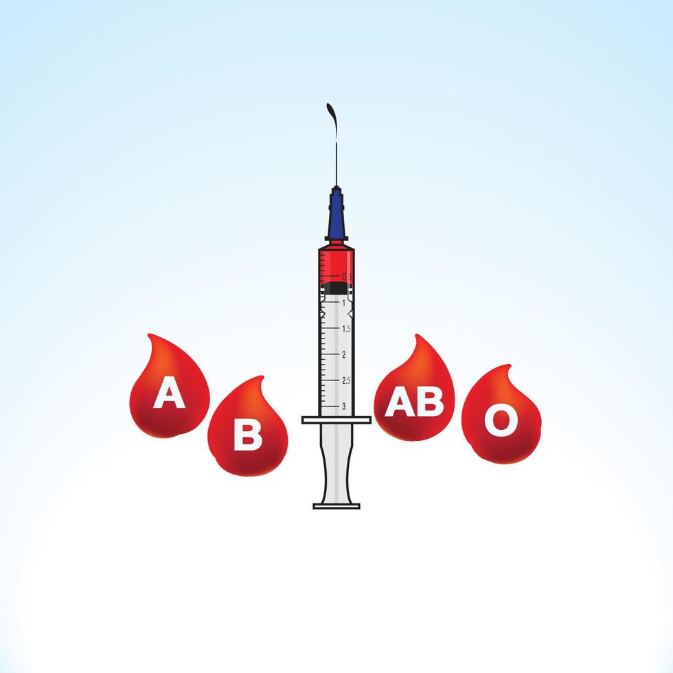 ilustração de uma seringa e quatro grupos sanguíneos em um fundo de gradação azul claro vetor