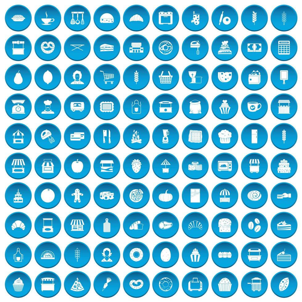 100 ícones de padaria definidos em azul vetor