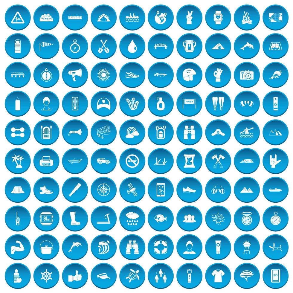 100 ícones de rafting definidos em azul vetor