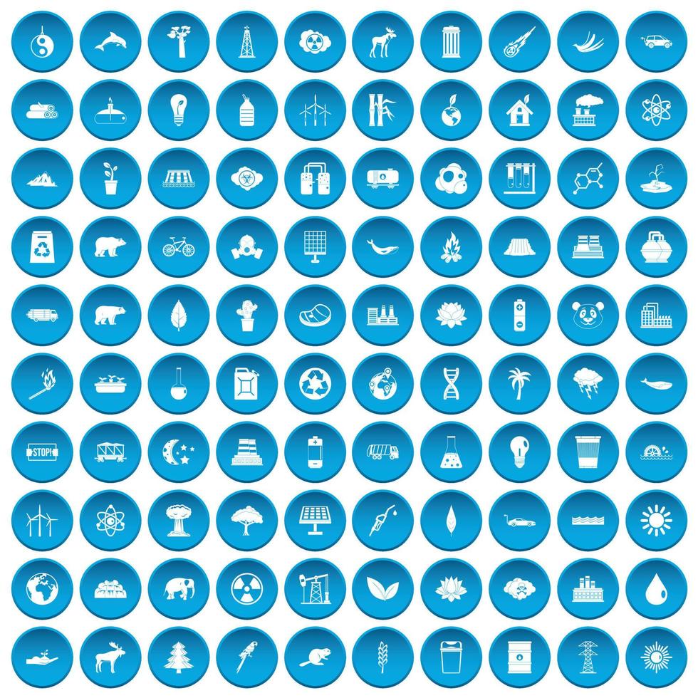 100 ícones ecológicos definidos em azul vetor