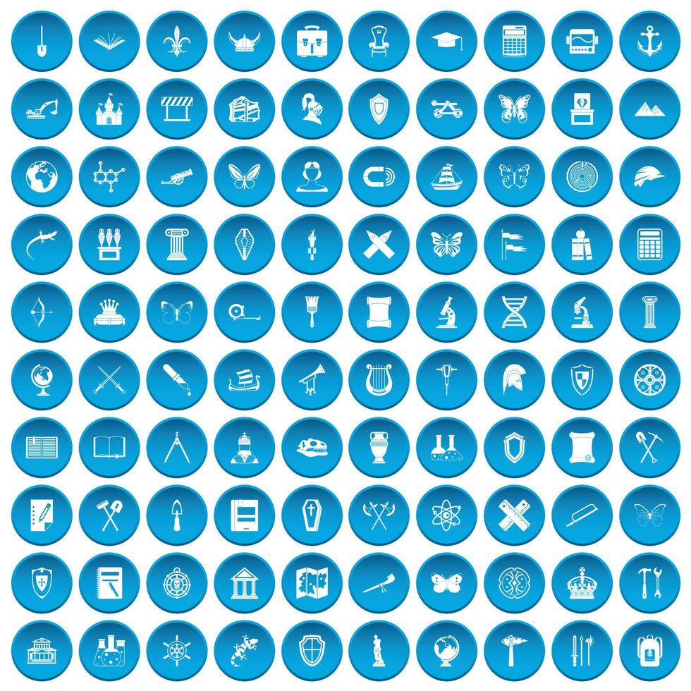 100 ícones de arqueologia conjunto azul vetor