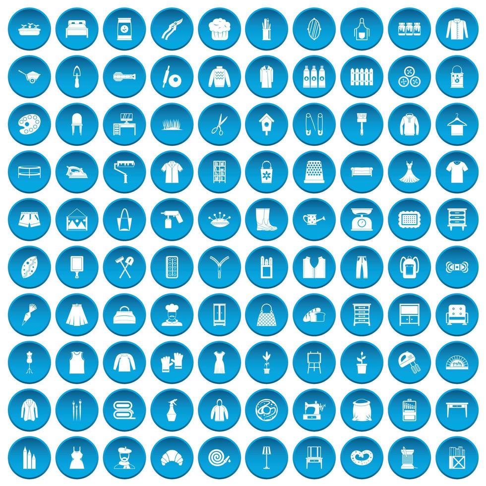100 ícones de bordado conjunto azul vetor