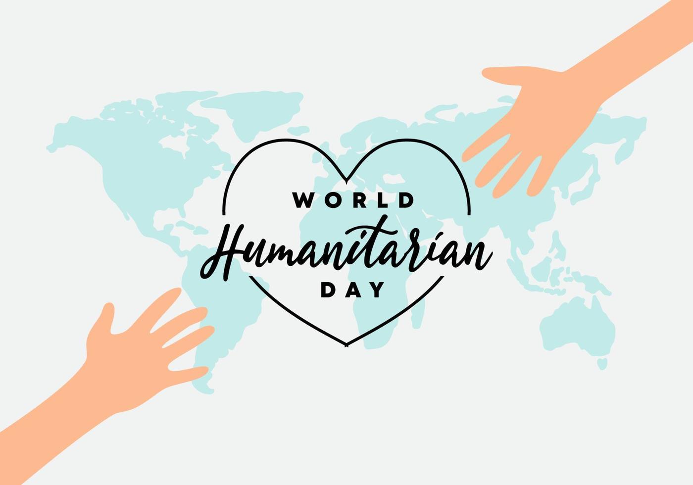 dia mundial humanitário com texto manuscrito e mão no mapa do mundo vetor