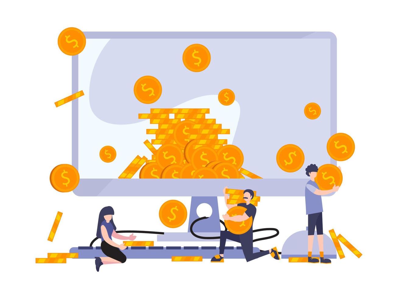 ilustração em vetor negócios pessoas planas. pessoas coletando dinheiro do grande monitor. conceito de metáfora da estratégia de marketing de lucro e ganho de investimento.