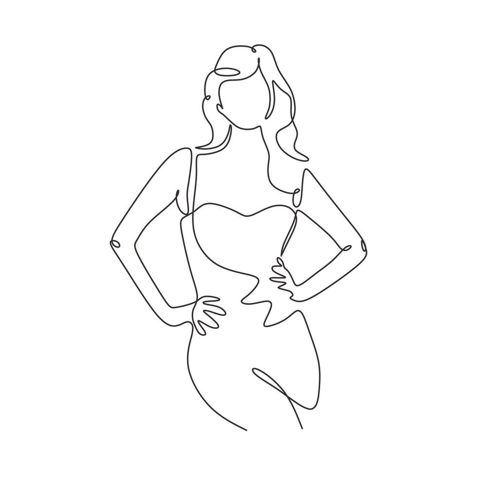 desenho de uma linha contínua de mulher elegante e beleza. garota incrível posando esboço de minimalismo vetor