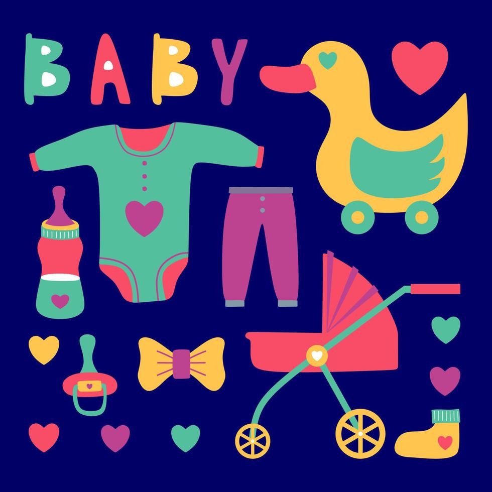 conjunto de elementos coloridos desenhados à mão com equipamento de bebê como ponto vetor