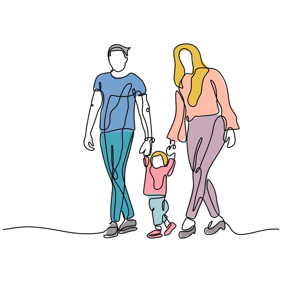desenho contínuo de uma linha de membros da família de pai, mãe e filho. casal feliz com minimalismo infantil com cores. vetor
