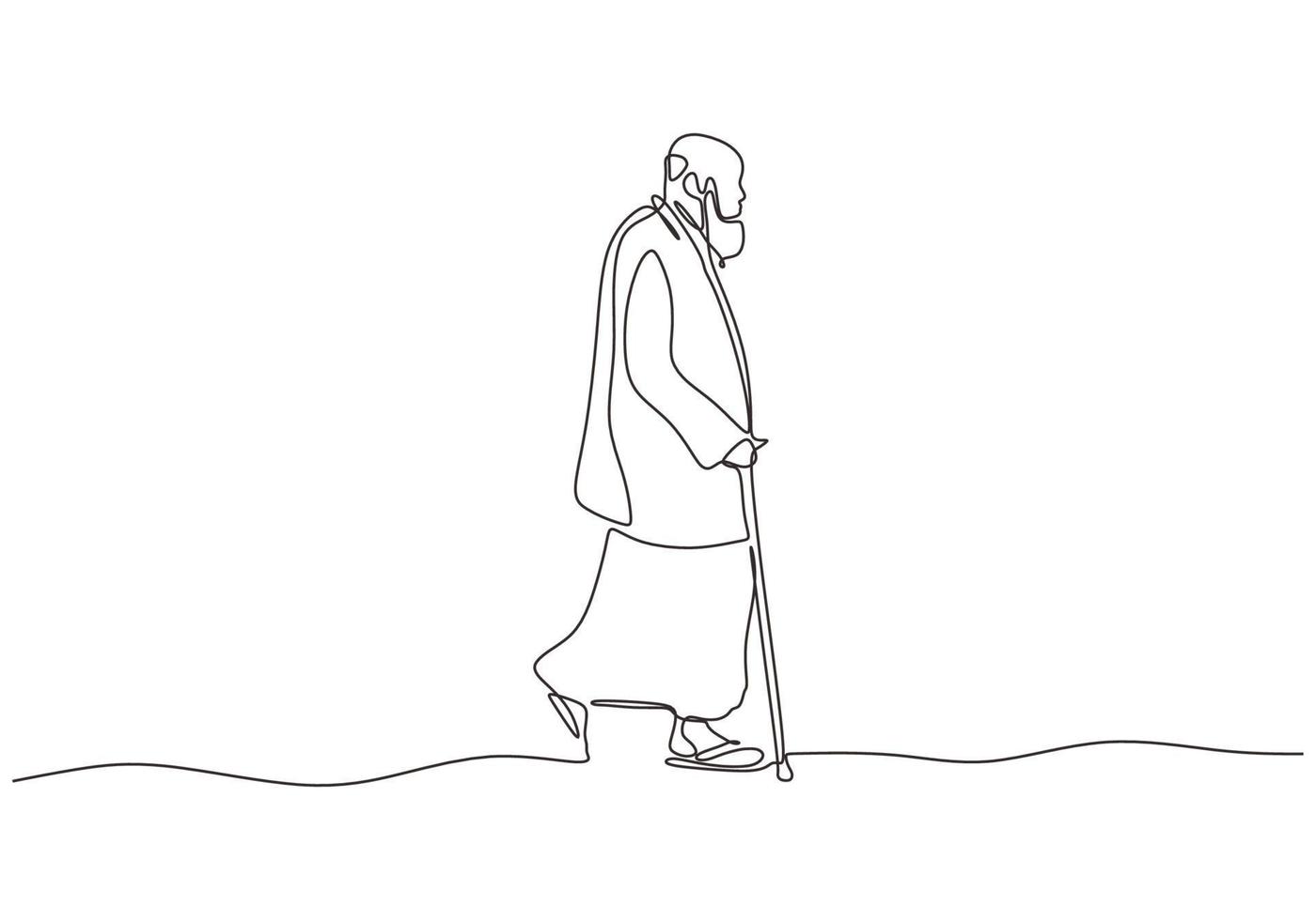 desenho de uma linha contínua de homem árabe andando na rua. pessoa idosa vestindo thawb ou kandoora, dishdasha, khamiis e qamiis. vetor