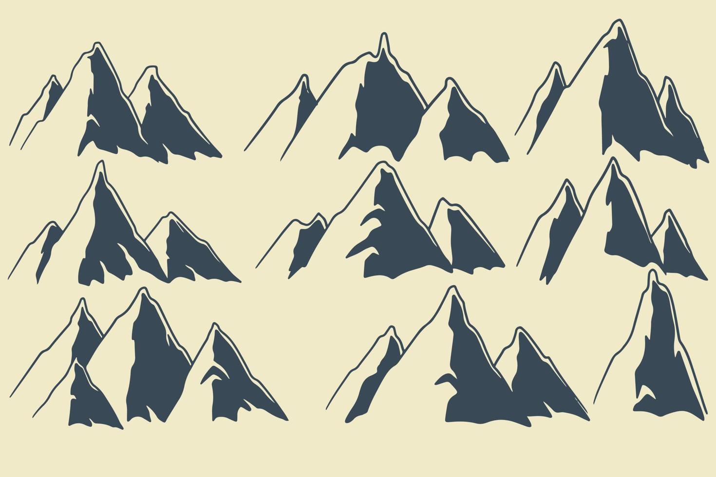 conjunto de decoração natural desenhado à mão de nove esboços de grandes montanhas. vetor