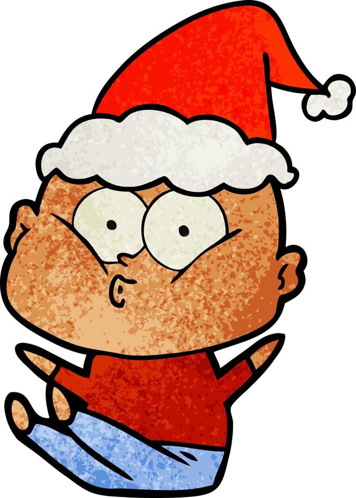 desenho texturizado de um homem careca olhando usando chapéu de papai noel vetor