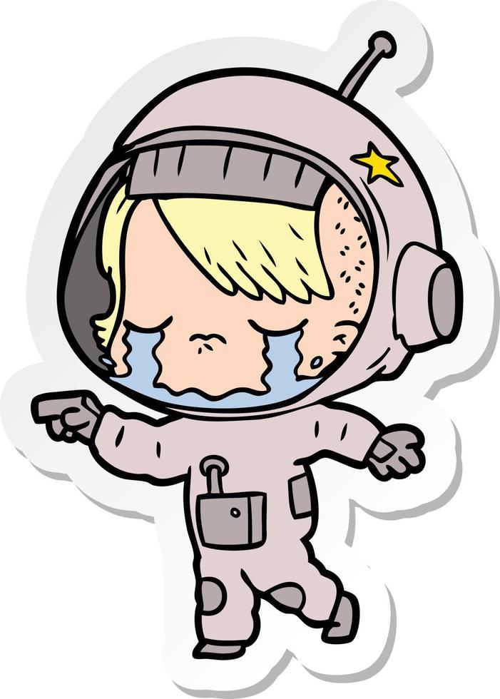 adesivo de uma garota astronauta chorando de desenho animado vetor