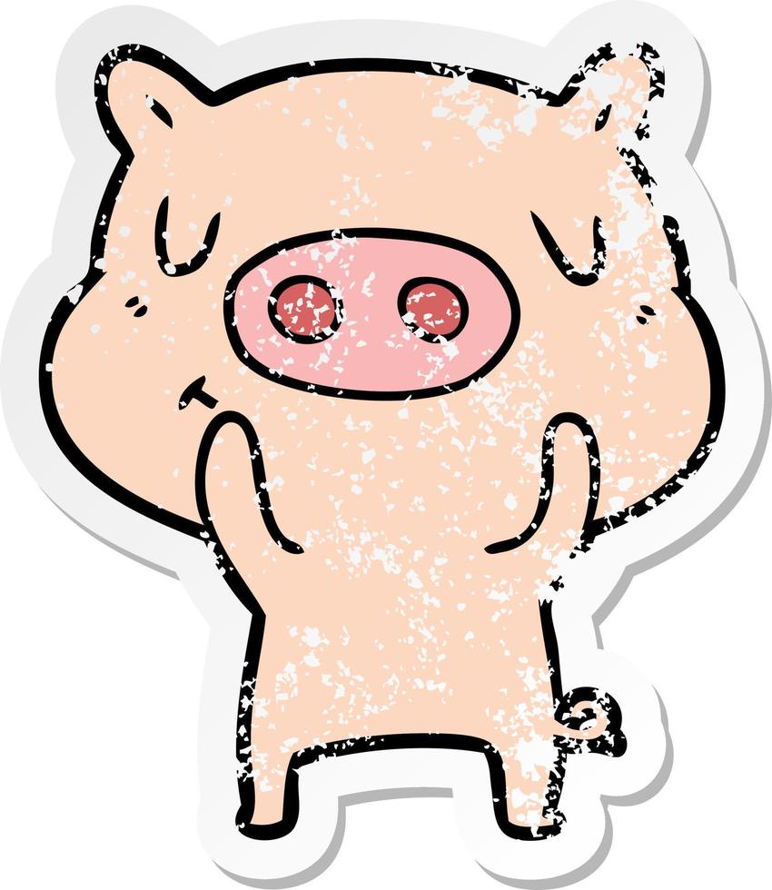 adesivo angustiado de um porco de conteúdo de desenho animado vetor