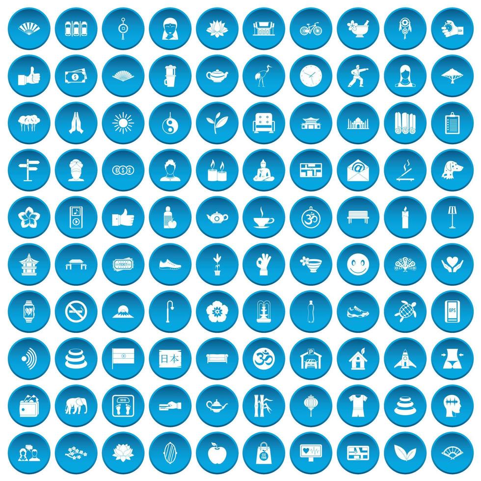 100 ícones de estúdio de ioga conjunto azul vetor