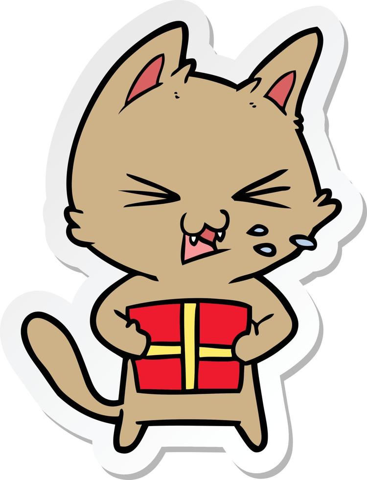 adesivo de um desenho animado gato assobiando com presente de natal vetor