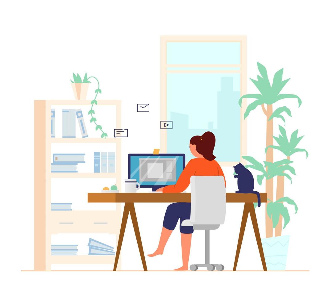 mulher que trabalha no computador em casa vista traseira perna cruzada. interior do escritório em casa. freelancer no trabalho. ilustração vetorial plana. vetor