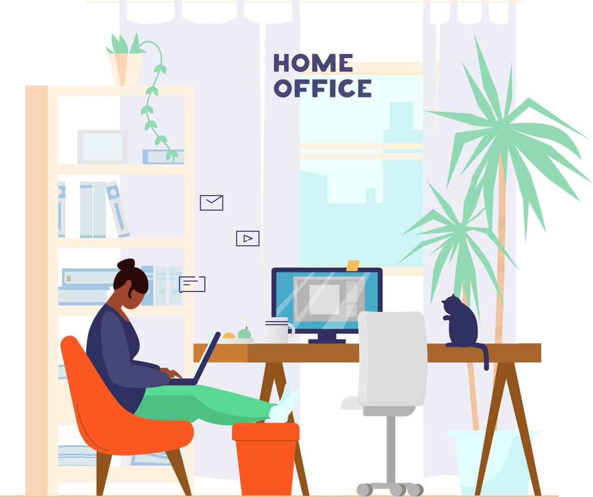 mulher afro-americana trabalhando ou estudando no laptop em casa. interior do escritório em casa com plantas e gato. ilustração vetorial plana. vetor