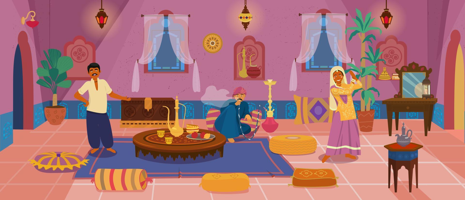 personagens indianos asiáticos no interior autêntico da sala de estar tradicional do Oriente Médio com móveis de madeira e elementos de decoração. homem fumando cachimbo de água, mulher dançando, homem oferece chá. vetor de desenhos animados.