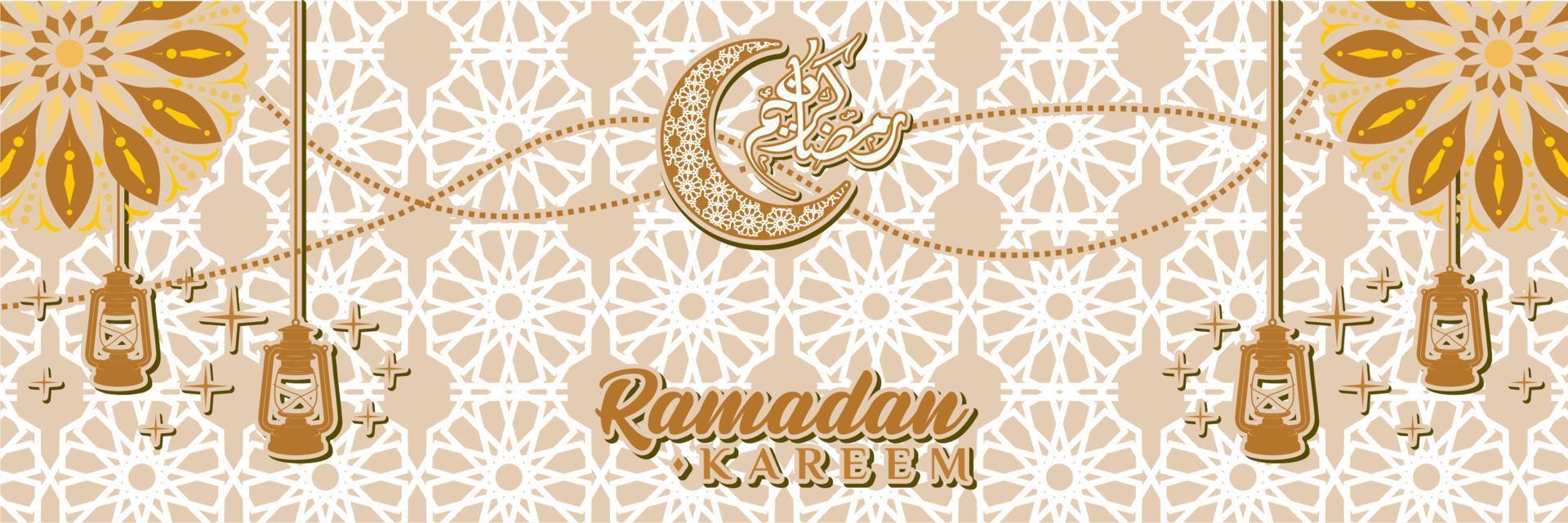 modelo de banner do ramadã com caligrafia árabe tradução ramadan kareem feliz ramadã com ornamentos de lua crescente e padrões islâmicos vetor