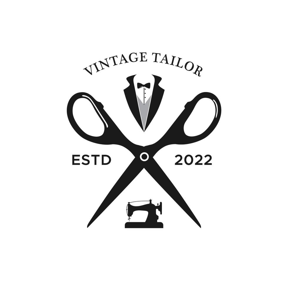 logotipo de alfaiate vintage com design de máquina de costura, terno e tesoura vetor