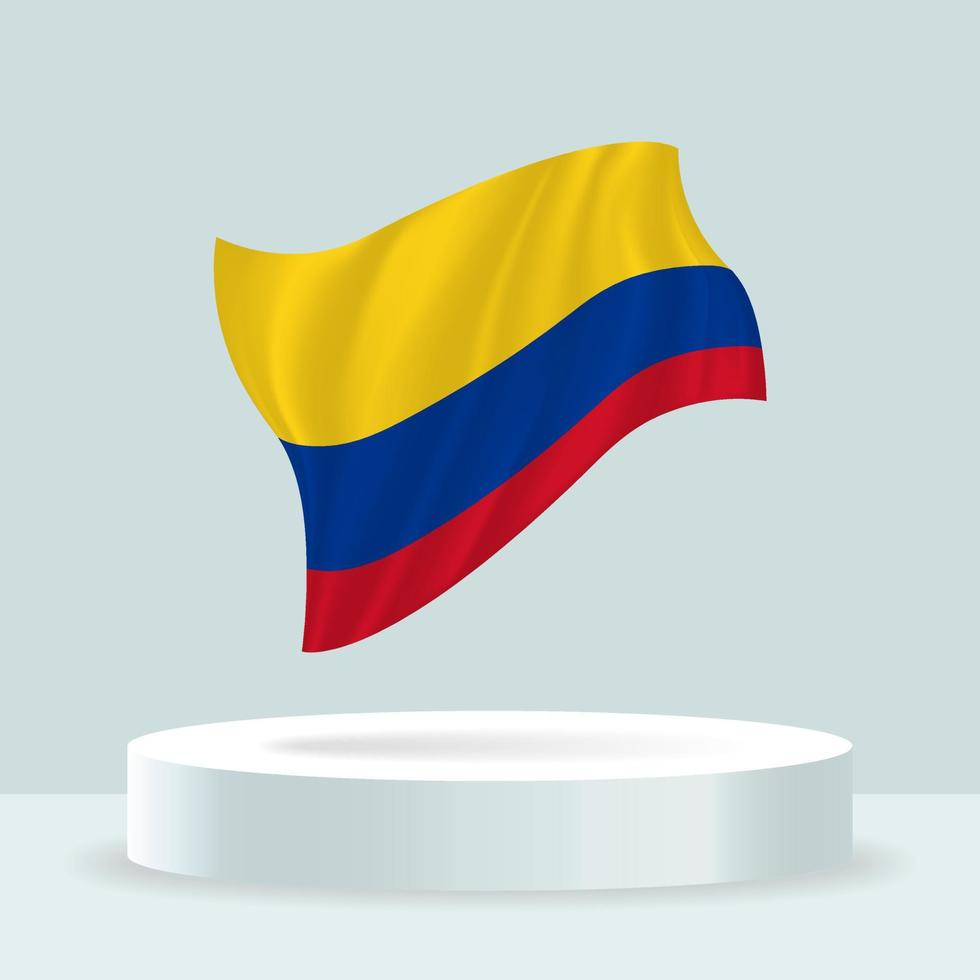 bandeira colombiana. renderização 3D da bandeira exibida no estande. acenando a bandeira em tons pastel modernos. desenho de bandeira, sombreamento e cor em camadas separadas, ordenadamente em grupos para facilitar a edição. vetor