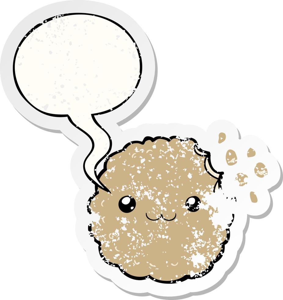 adesivo angustiado de biscoito de desenho animado e bolha de fala vetor