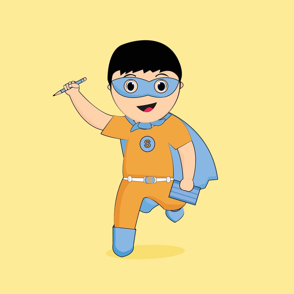bonitinho de um menino que vira super-herói, pode ser usado como mascote para empresas educacionais para crianças vetor