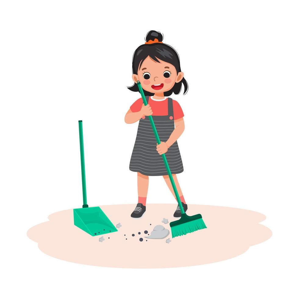 menina bonitinha varrendo o chão com vassoura e colher na sala de estar fazendo tarefas domésticas de rotina diária vetor