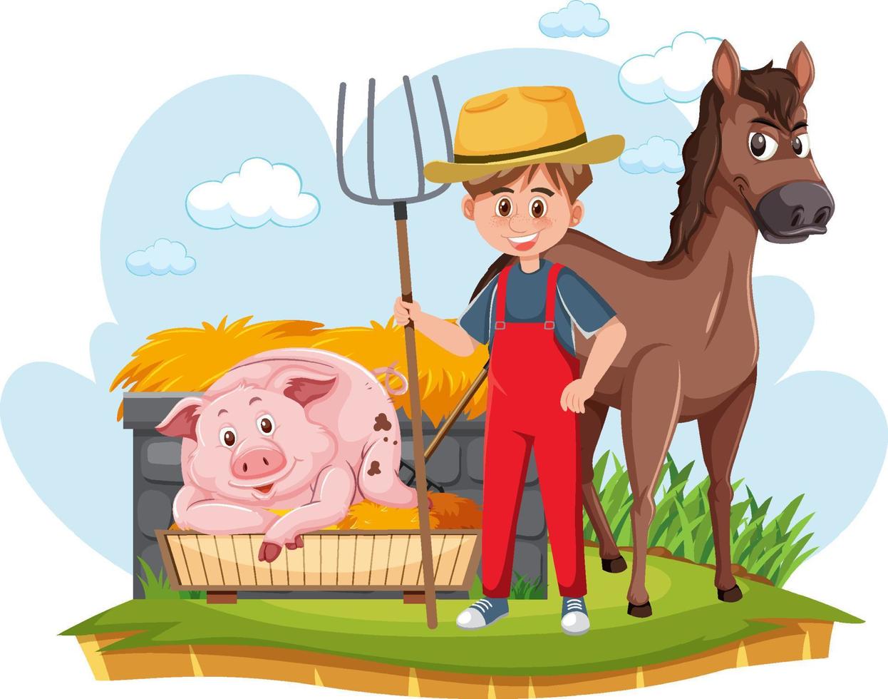 agricultor com porco e cavalo vetor