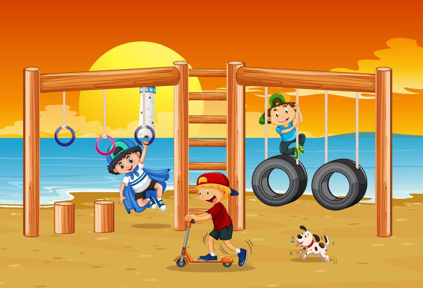 playground de praia com crianças felizes vetor