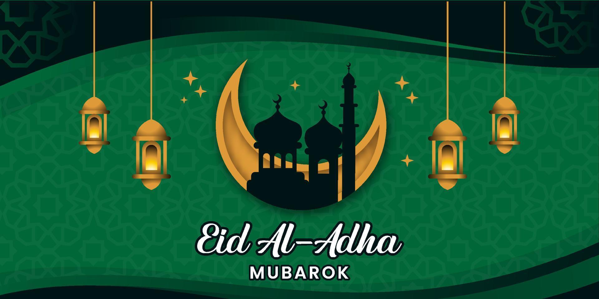 design de vetor de banner eid al-adha com fundo islâmico verde e um motivo de lua de mesquita criativo e moderno