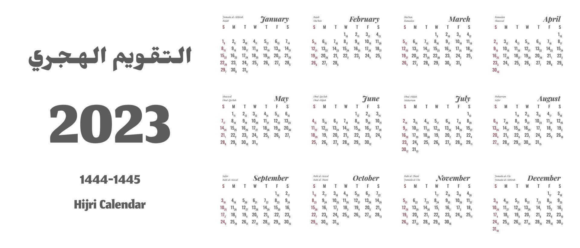 calendário 2023. calendário hijri para o ano 1444-1445. tradução calendário hijri vetor