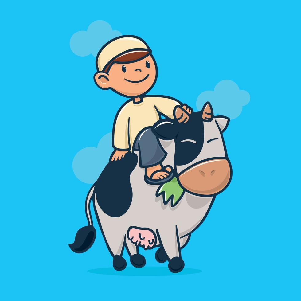 ilustração de lindo garoto muçulmano montando uma vaca vetor