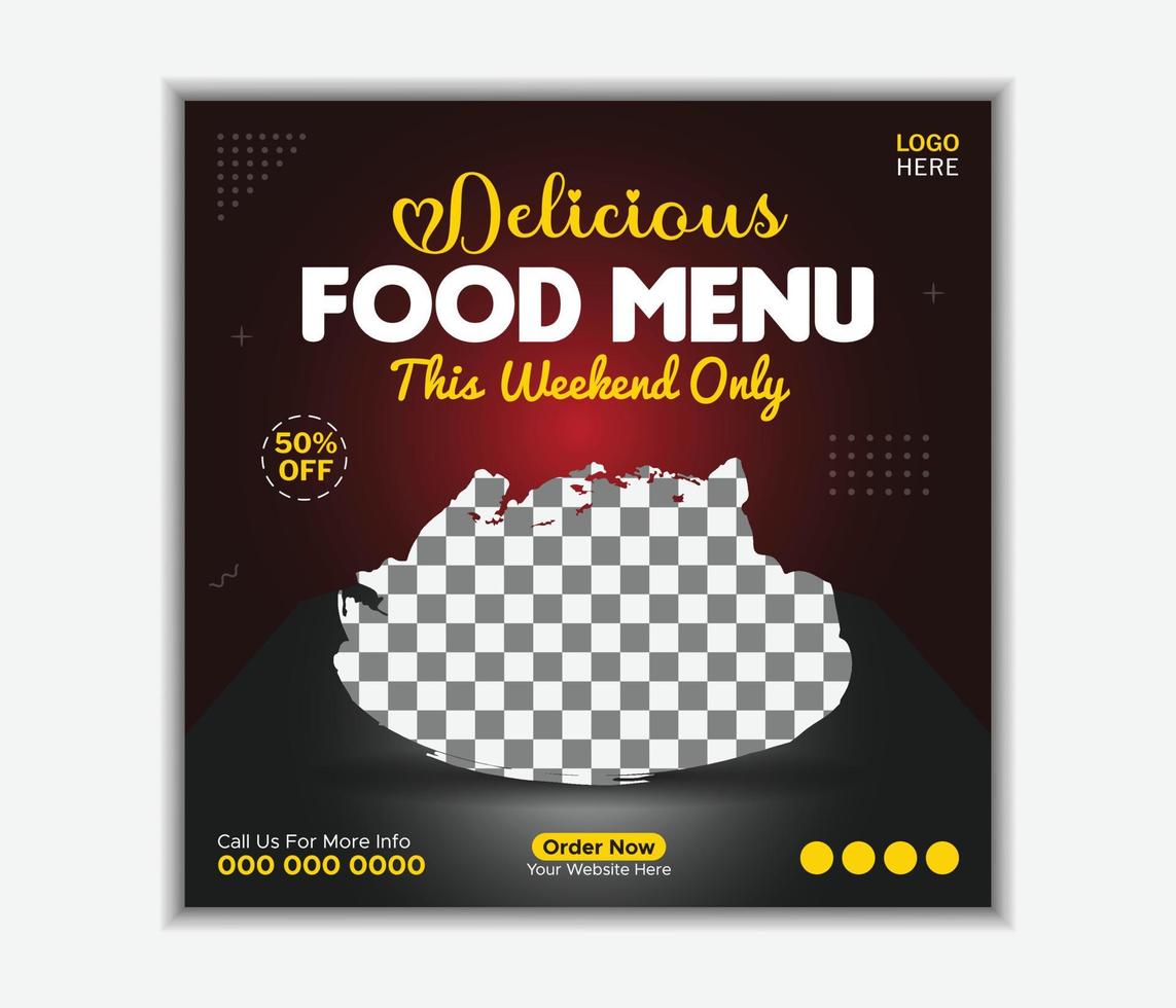 Modelo de postagem de mídia social de banner de menu de comida deliciosa. modelos de mídia social editáveis para promoções no menu de comida. vetor