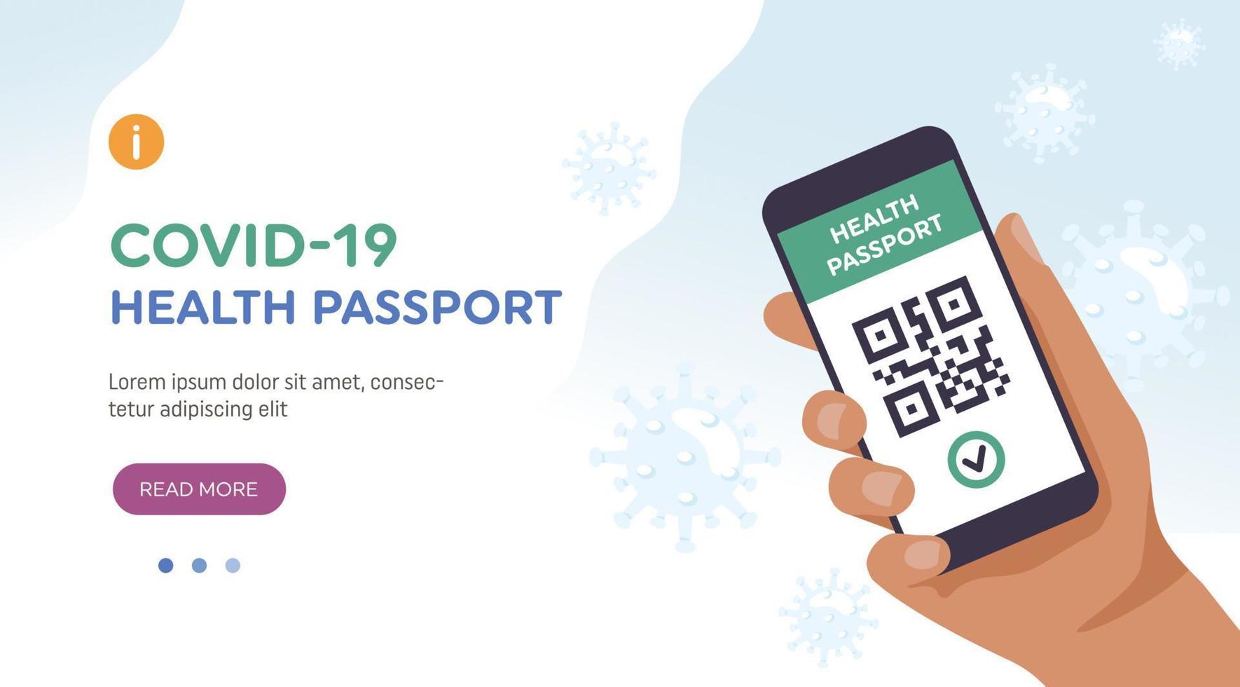 conceito de passaporte de saúde. mão segurando um smartphone com código qr. página de destino vetor