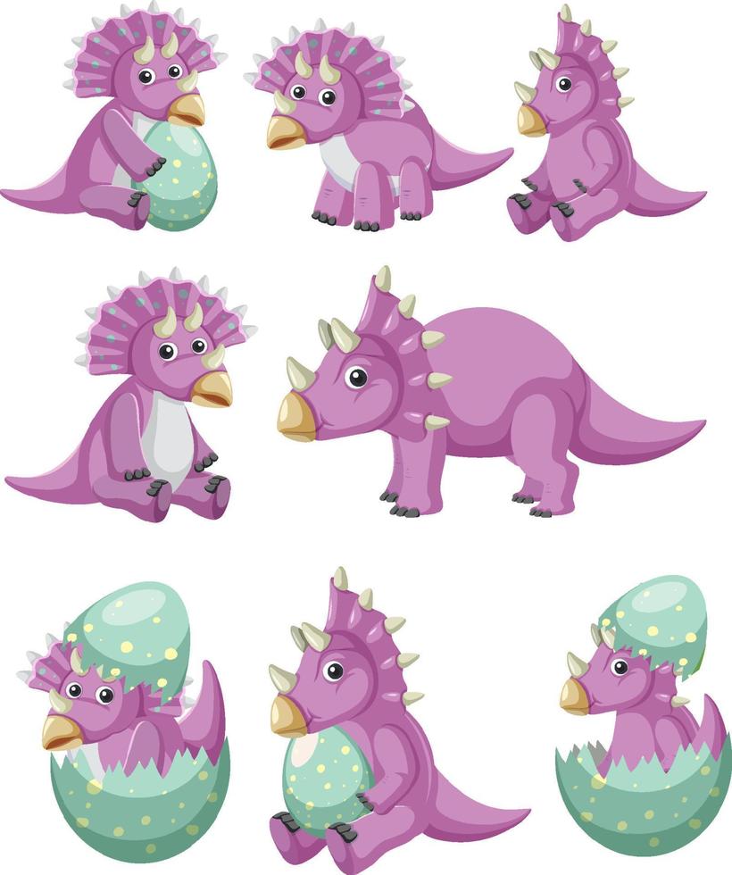 coleção de dinossauros triceratops roxos diferentes vetor
