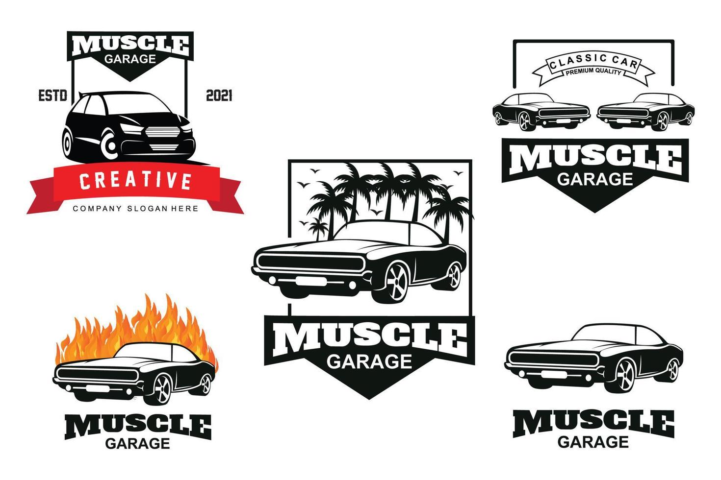 cenografia de pacote de logotipo de carro clássico americano, ilustração de veículo de automóvel muscular vetor