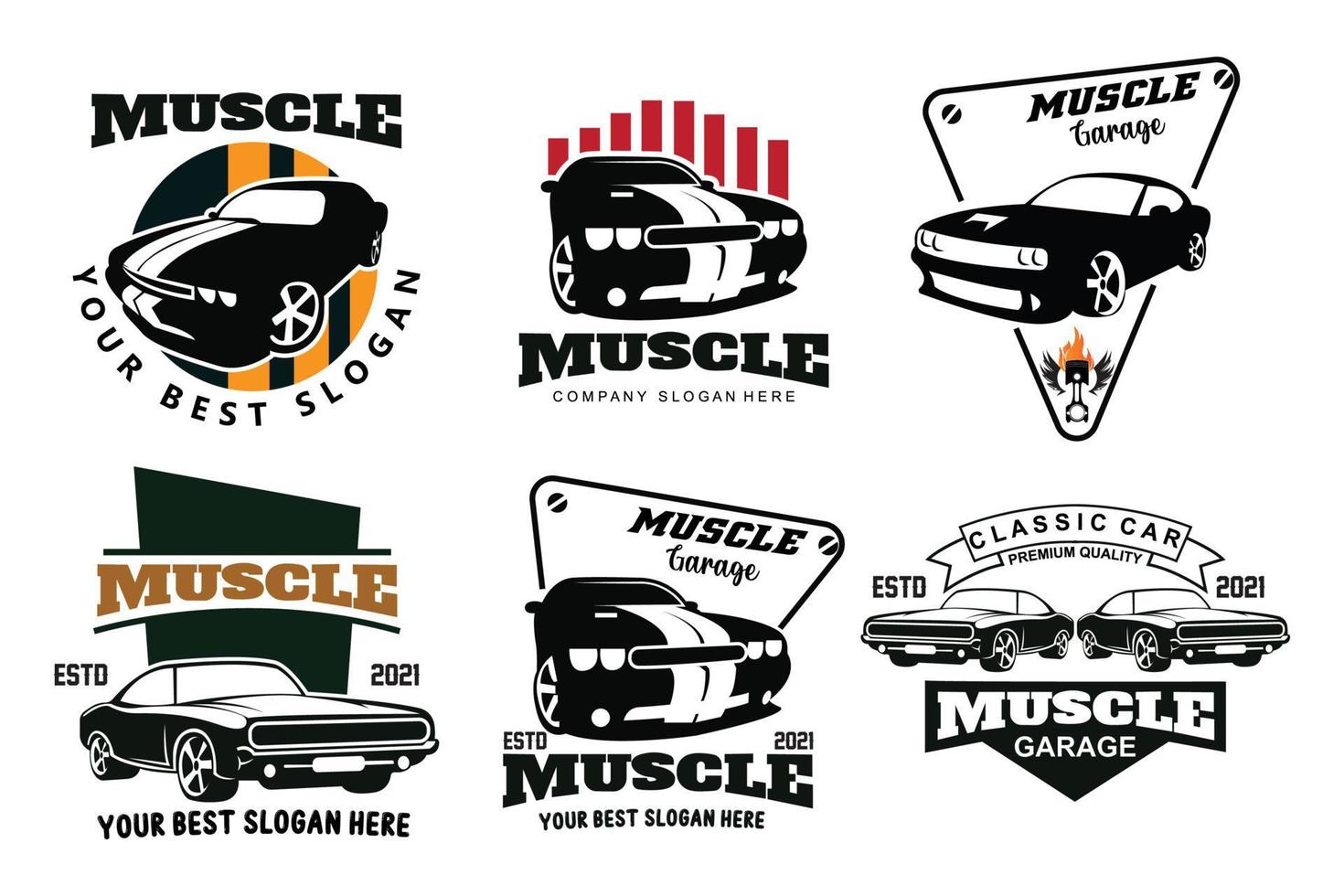 cenografia de pacote de logotipo de carro clássico americano, ilustração de veículo de automóvel muscular vetor