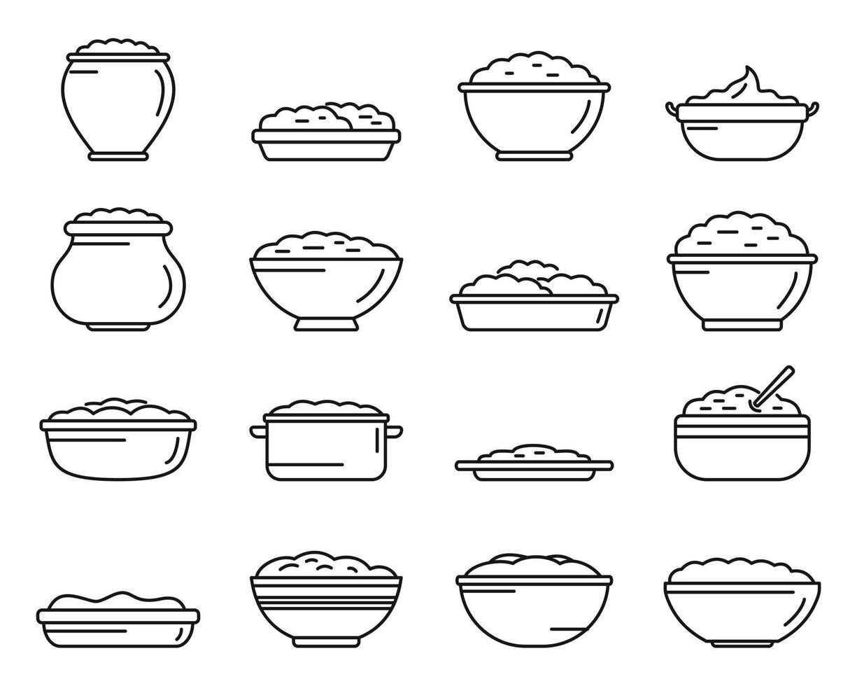 ícones de purê de batatas definir vetor de contorno. comida café da manhã