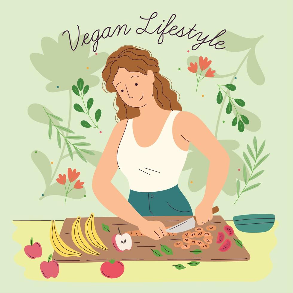 personagem de desenho animado de menina cortando algumas frutas e legumes vetor de estilo de vida vegano